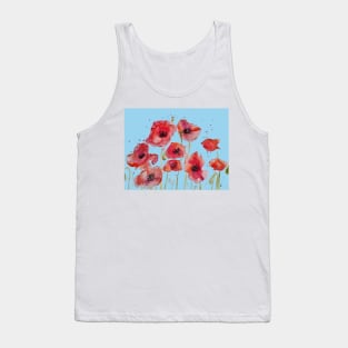 Red Poppy Watercolor Painting on Pastel Blue Tank Top